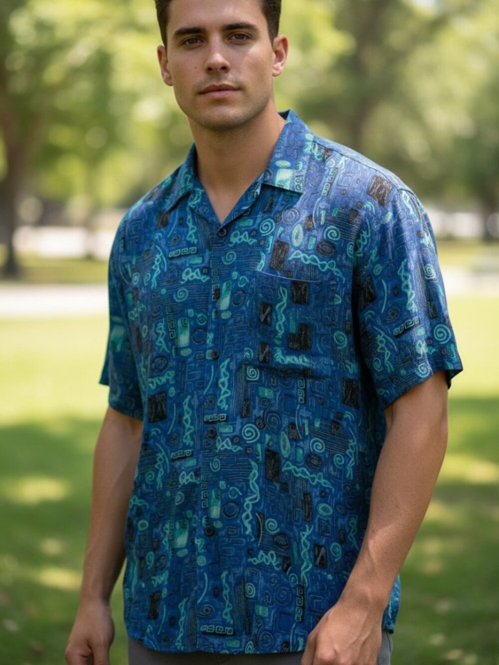 Vintage 90s Maxx FM Shirt Mens Large Blue Abstract Print Rayon Short Sleeve USA